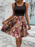 Printed A-Line Tank Dress with Lace Waist Detail