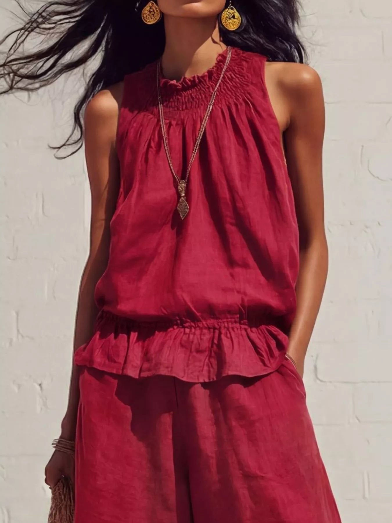 Smocked Ruffled Hem Top and Wide-Leg Pants Set