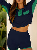 Color Block Patchwork Half Button Pullover and Shorts 2pcs Outfit