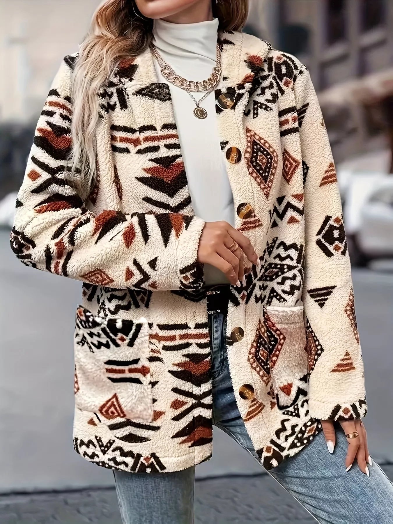 Ethnic Pattern Button-Up Fleece Outerwear