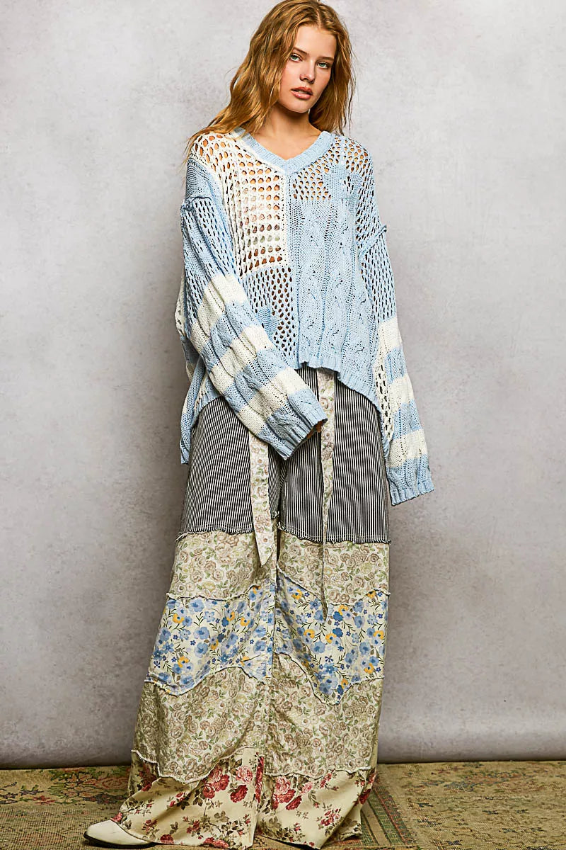 POL Color-Blocked Stripe Pattern Knit Top with Twisted Weave