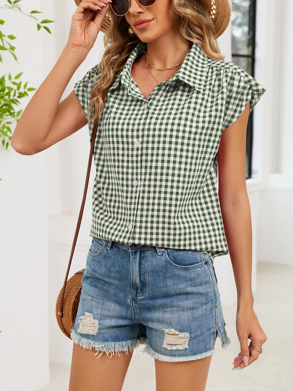 Plaid Button Up Cap Sleeve Shirt