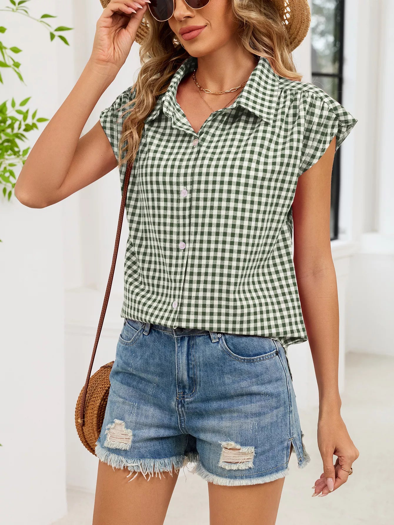 Plaid Button Up Cap Sleeve Shirt