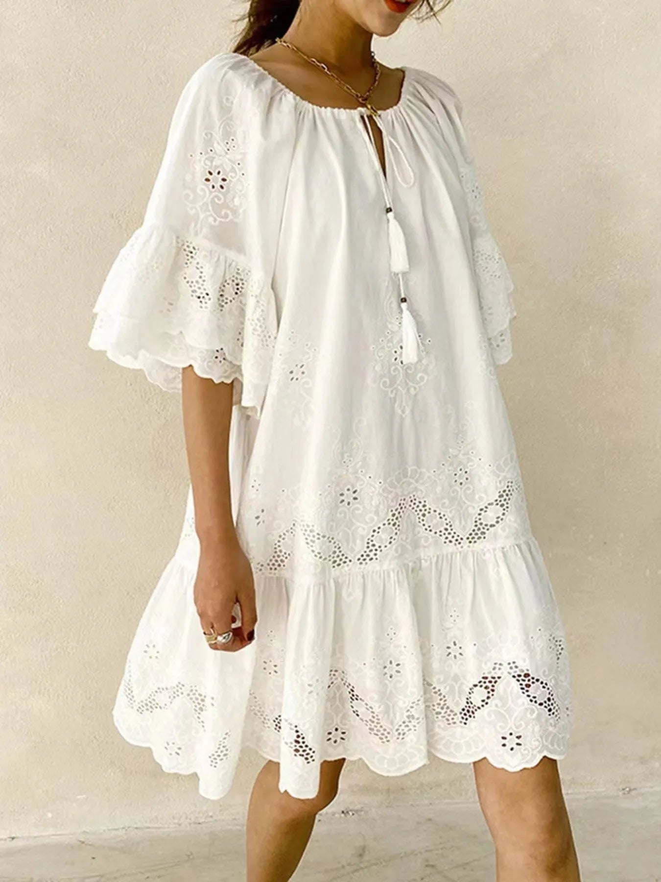 Eyelet Embroidered Tassel Tie Neck Dress