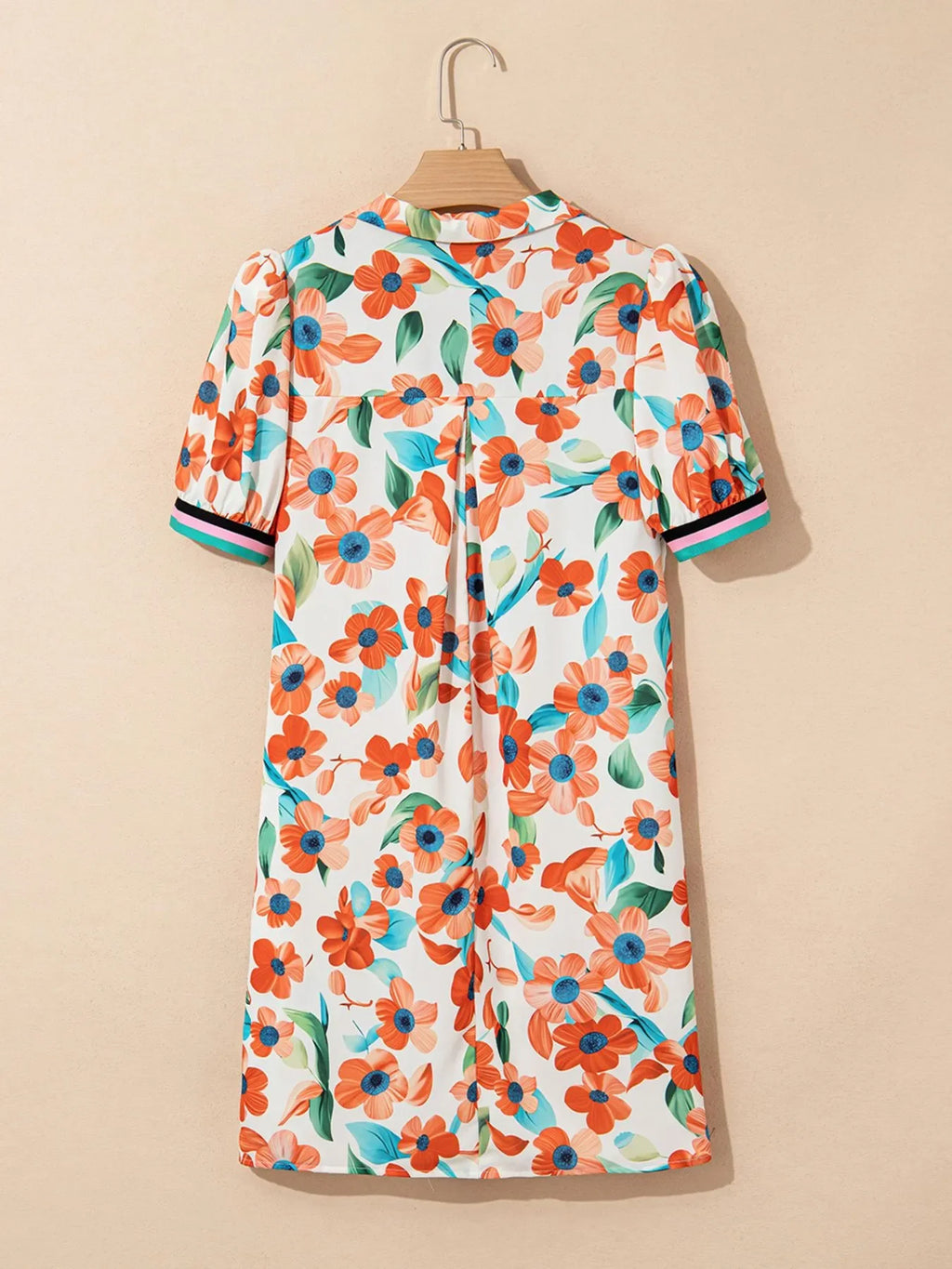 Contrast Trim Floral Split Neck Puff Short Sleeve Tiered Mini Dress