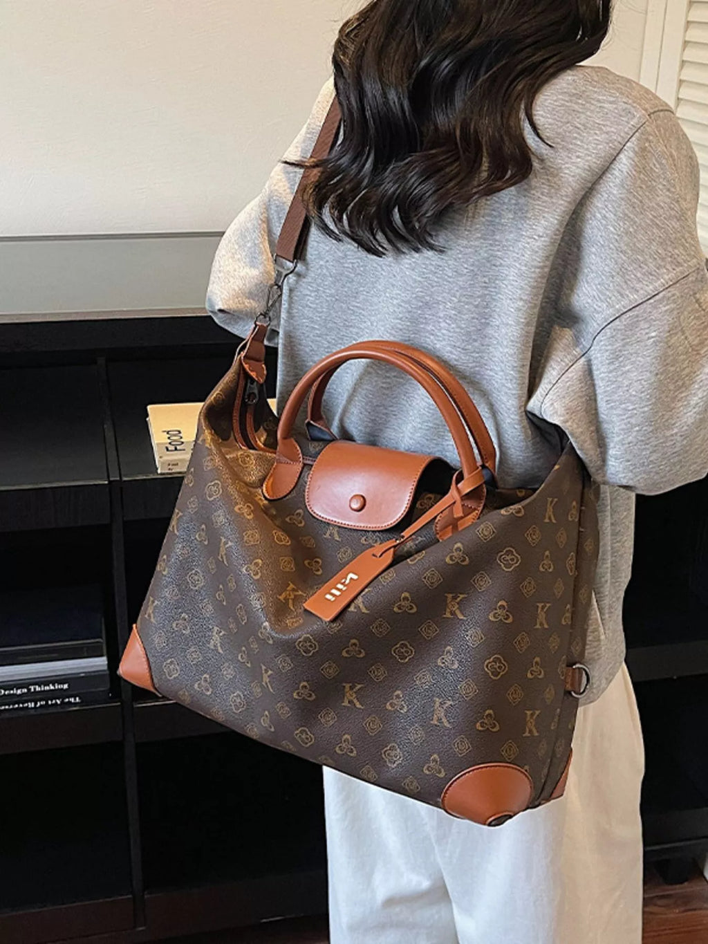 Patterned Leather Trim Crossbody Bag