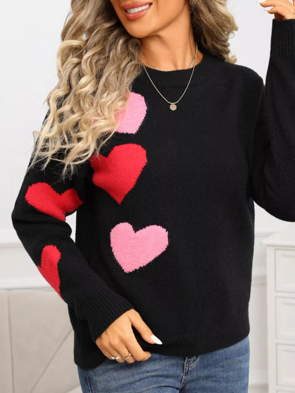 Valentine's Day Heart Pattern Round Neck Sweater