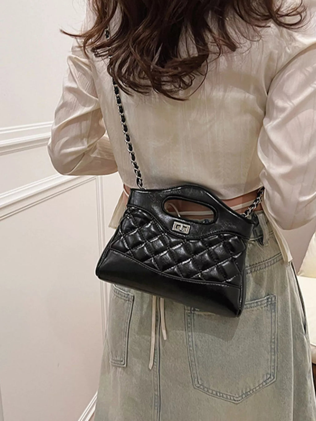 Quilted Pattern Top Handle Crossbody Bag