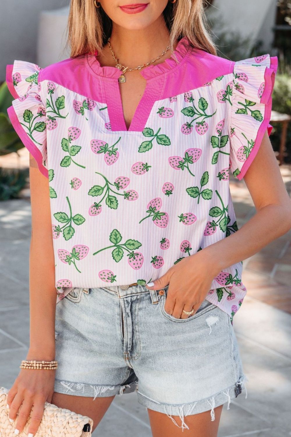 Striped Strawberry Printed Color Block Patchwork V Neck Flutter Sleeve Blouse