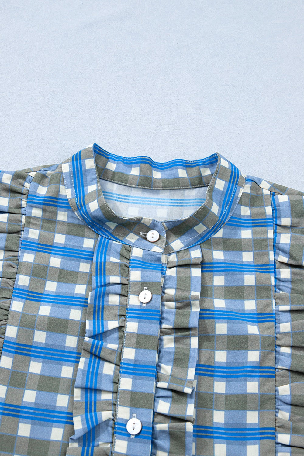 Plaid Long Sleeve Frilled Detail Half Button Blouse