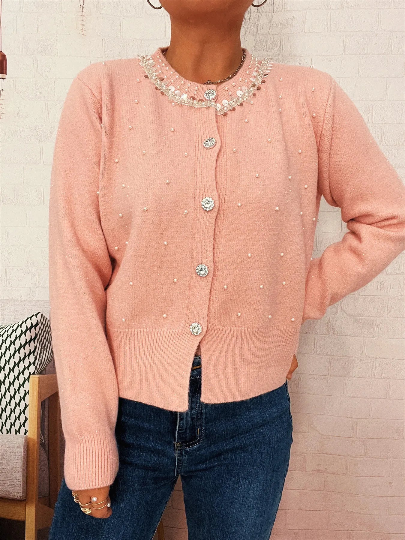 Pearl Detail Button-Front Cardigan