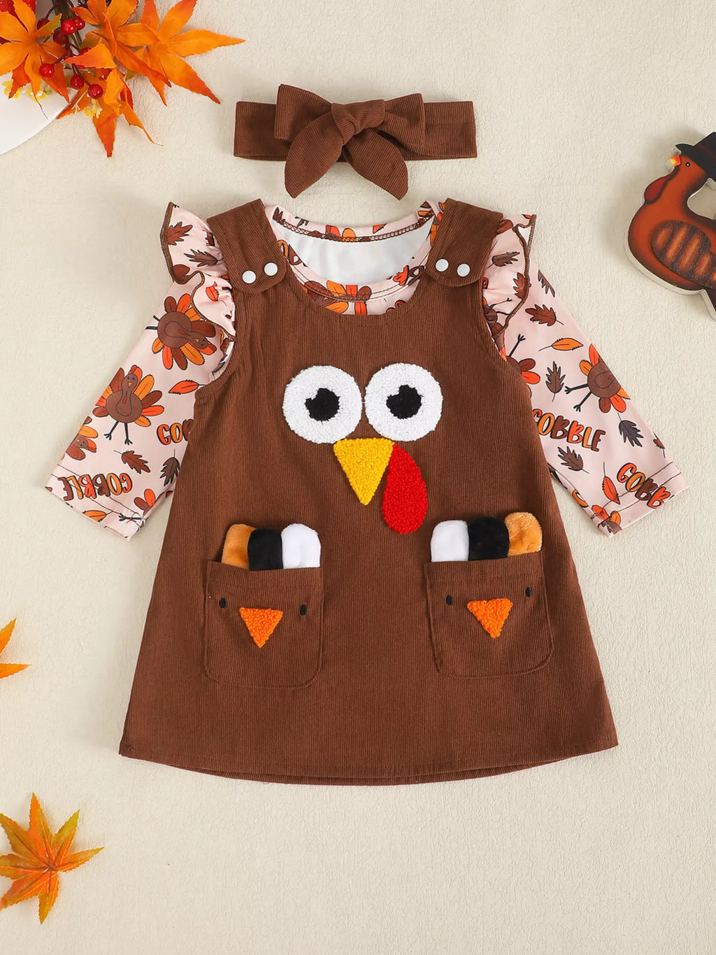 Children's Long Sleeve Bodysuit & Thanksgiving Turkey Dress Set with Headband