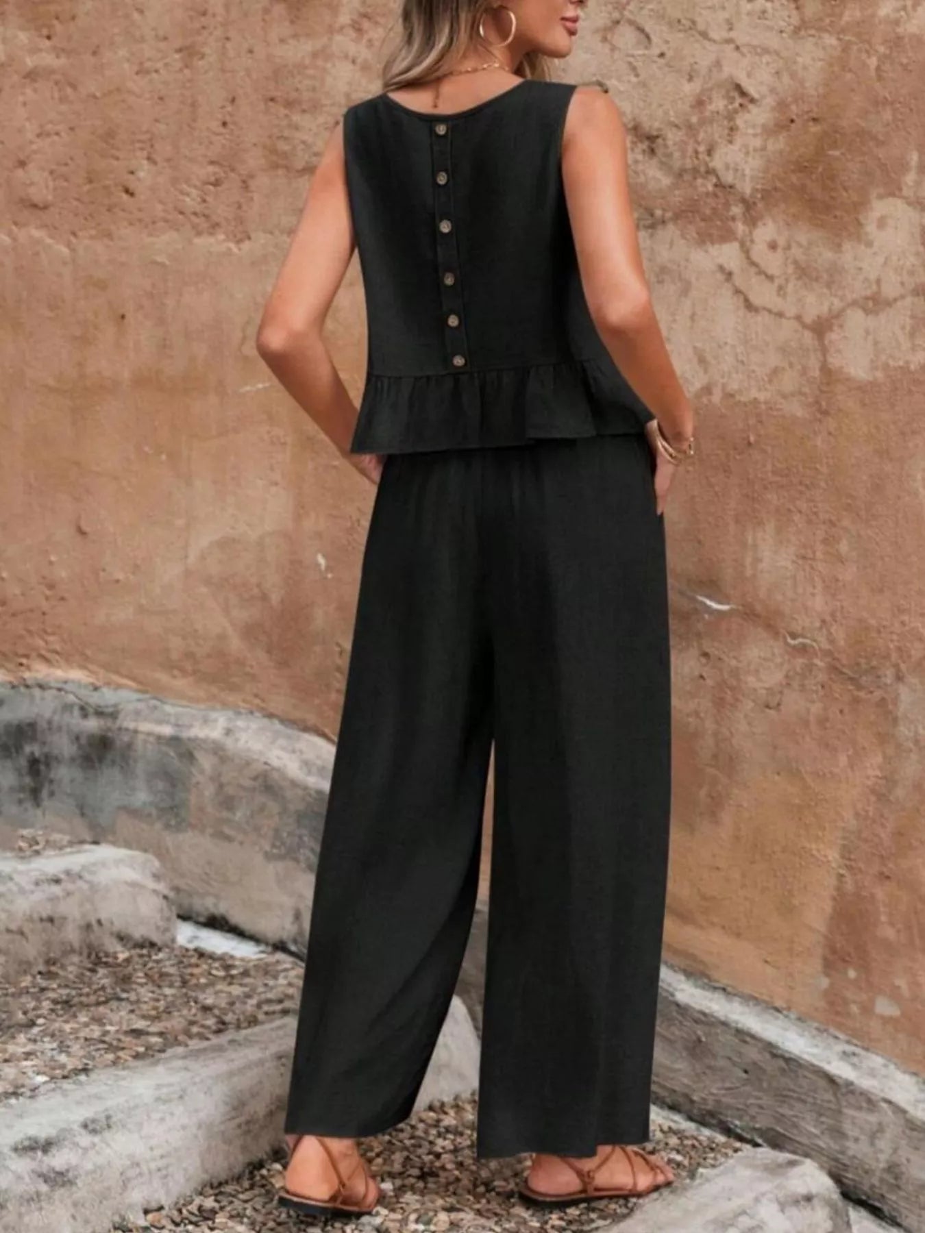 Sleeveless Ruffle Hem Top and Wide Leg Pants Two-Piece Set