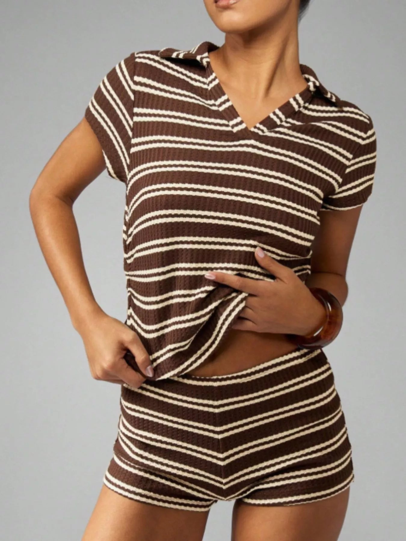 Striped Knit Short Sleeve Top & Shorts Set