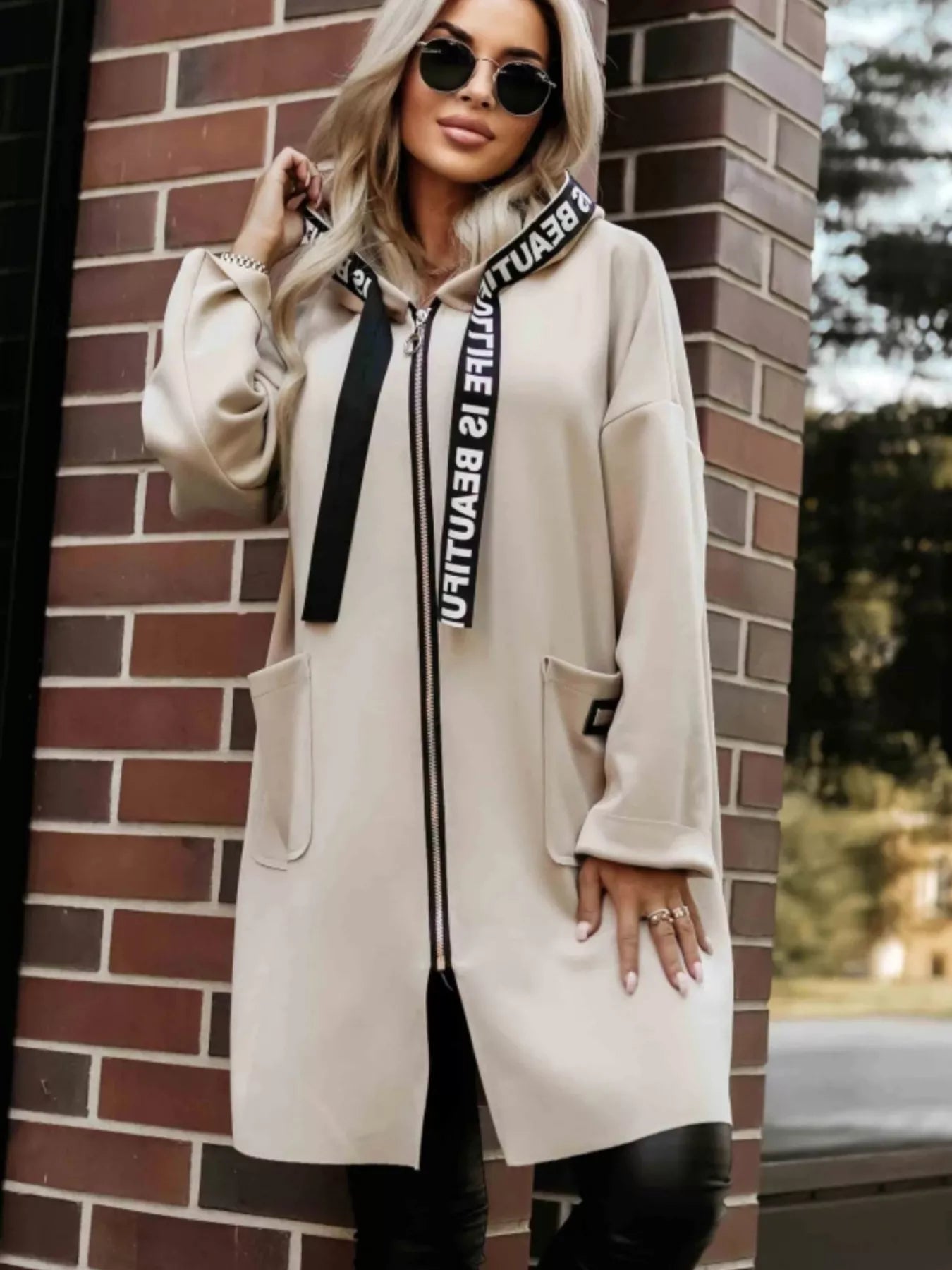 Full Size Casual Hooded Zip-Up Longline Outerwear Plus Size