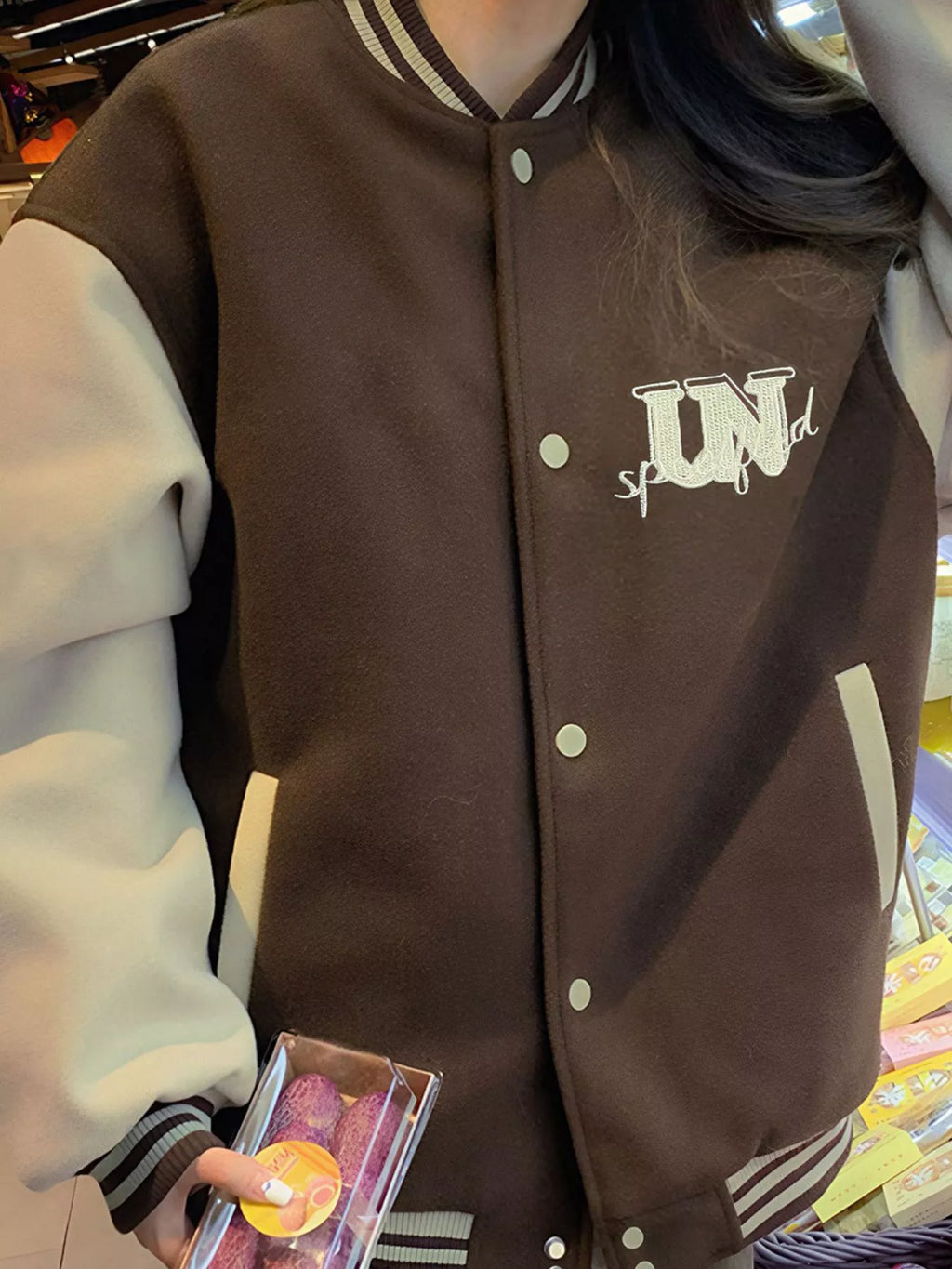 Color Block Snap Down Baseball Jacket