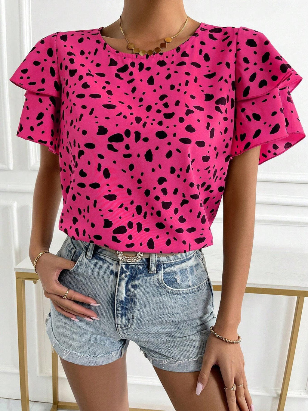 Animal Print Ruffle Sleeve Blouse