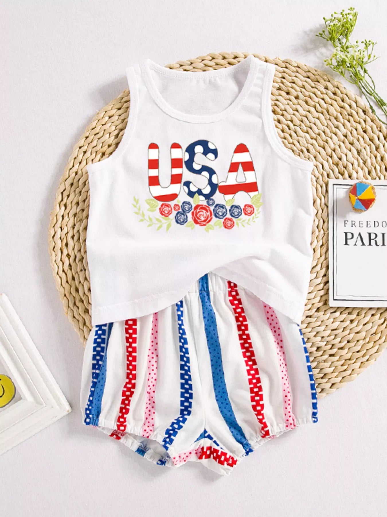 Children's Patriotic USA Floral Tank and Shorts Set