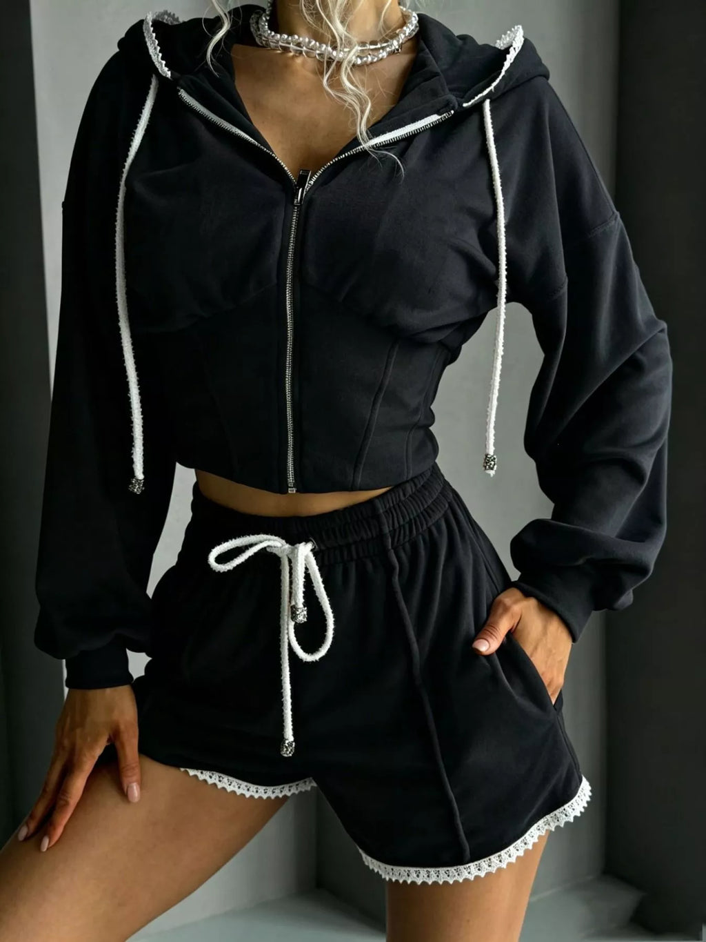 Zip Up Hooded Outerwear and Shorts Set