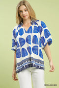 Umgee Shell Block Border Print Puff Sleeve Blouse