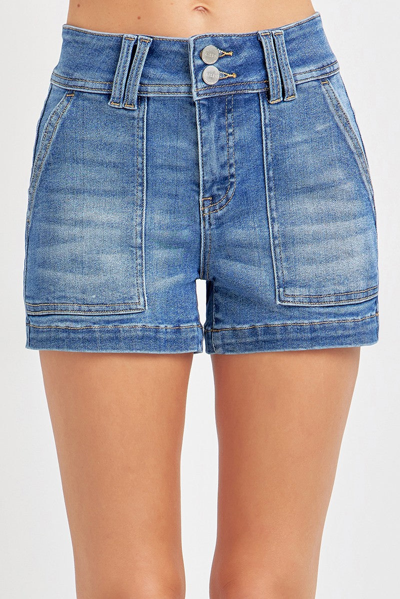 RISEN Full Size High Rise Patched Front Pocket Shorts Plus Size