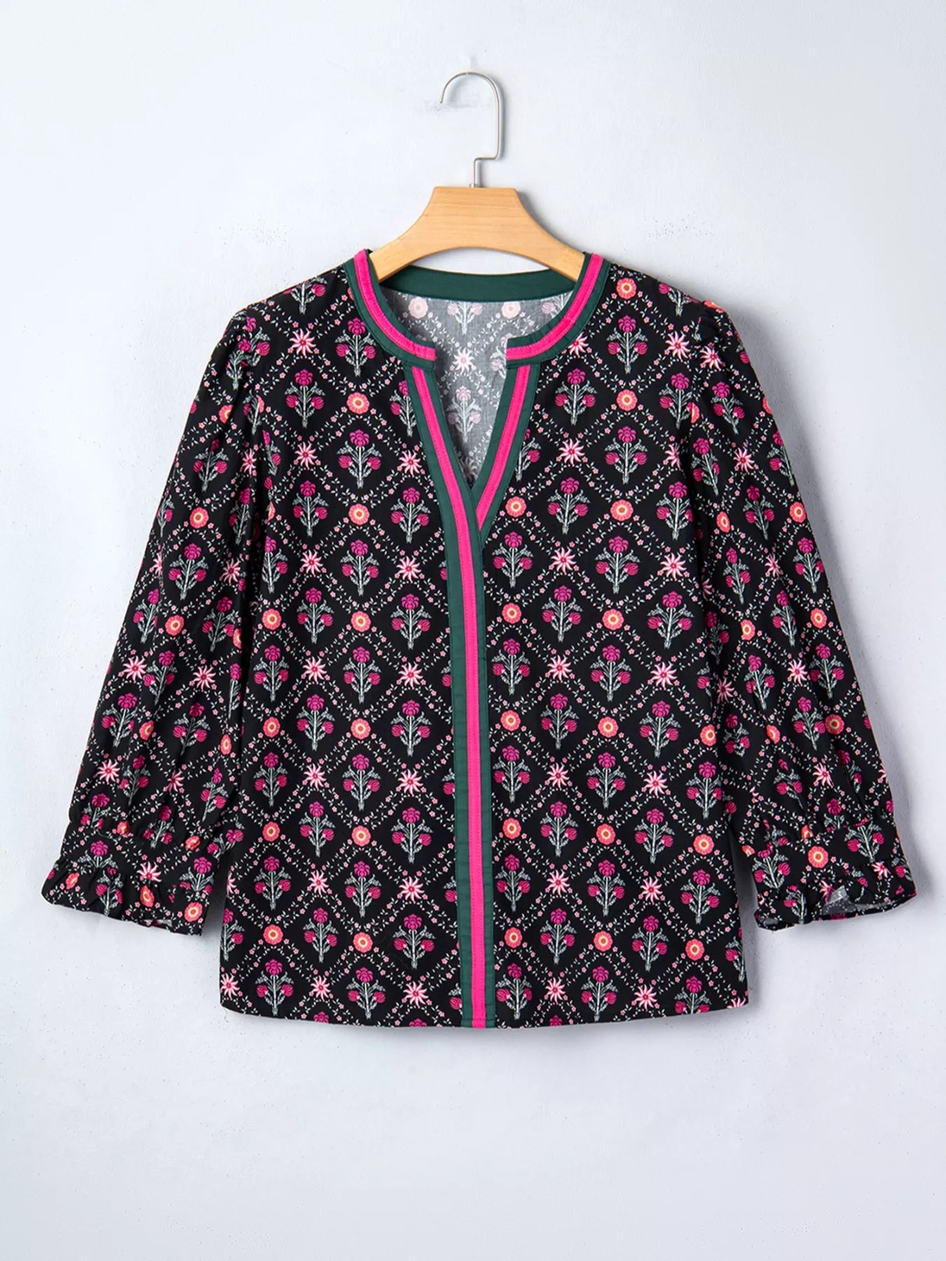Contrast V Neckline Bracelet Sleeve Vintage Floral Blouse
