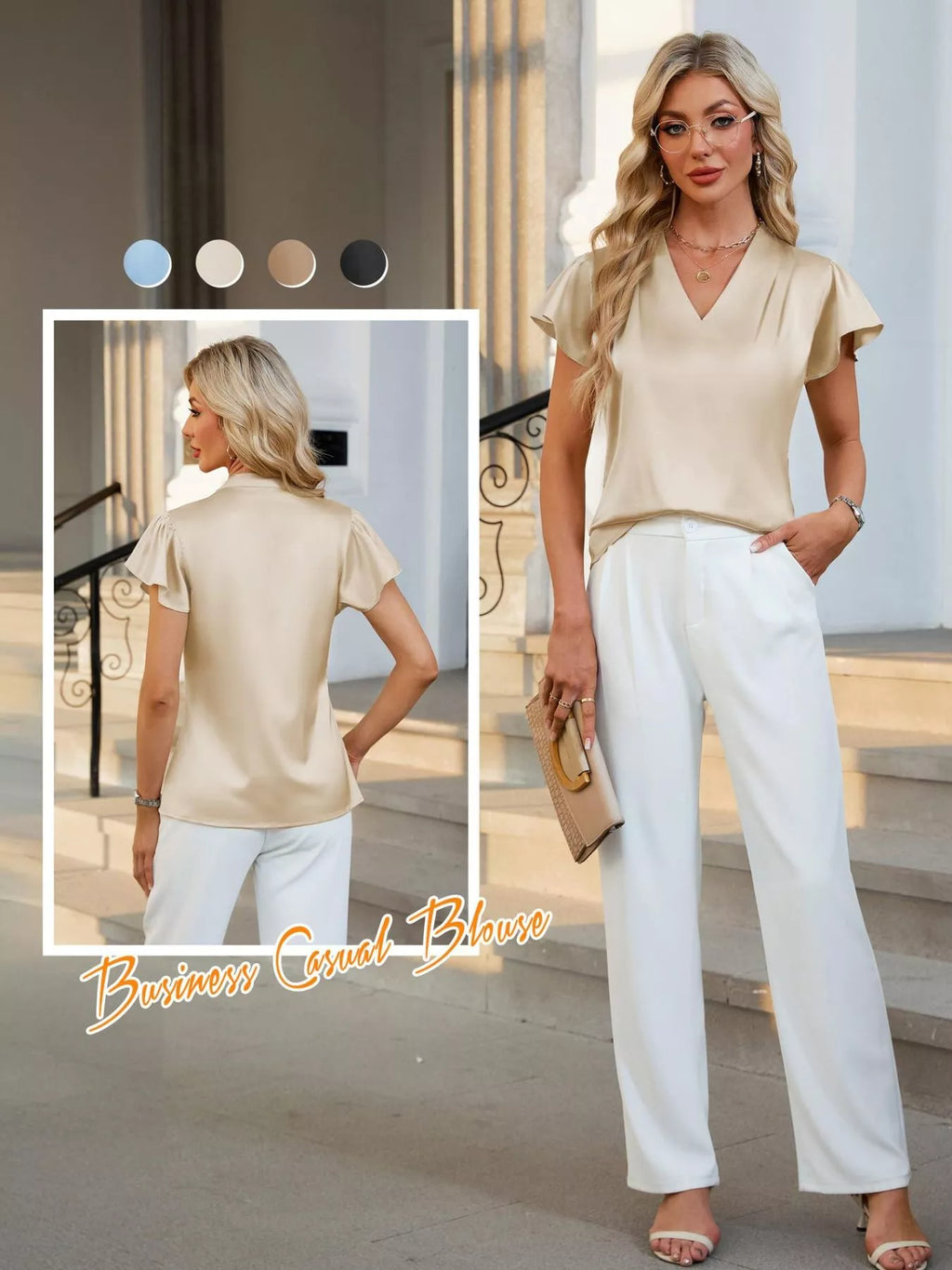 Satin V-Neck Flutter Sleeve Blouse
