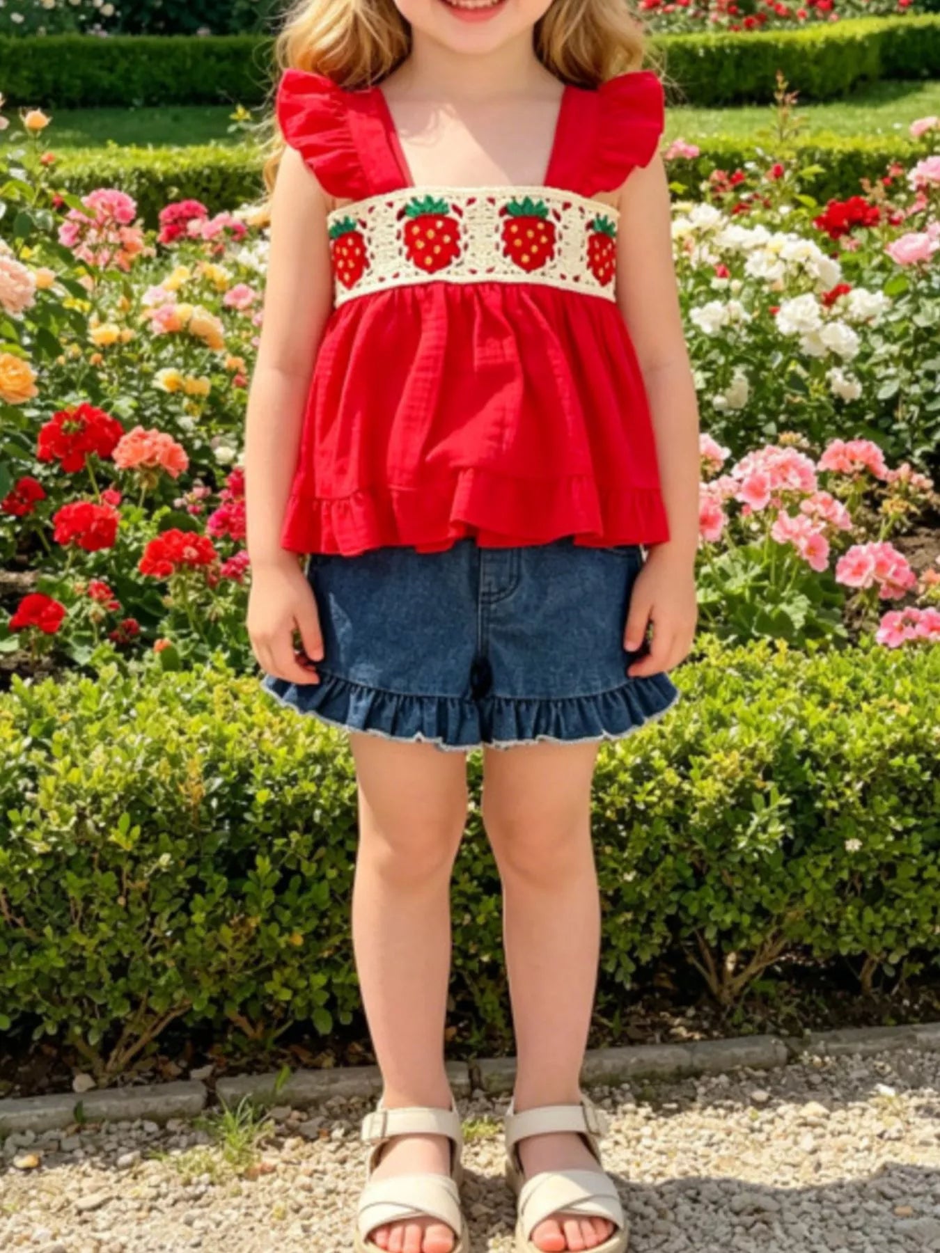Children's Strawberry Crochet Trimmed Top and Denim Shorts Set