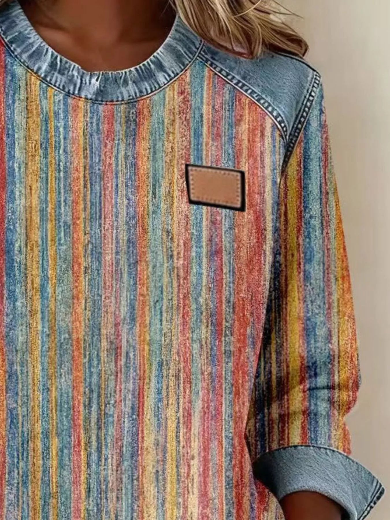 Full Size Plaid Denim Trim Long Sleeve Sweatshirt Plus Size