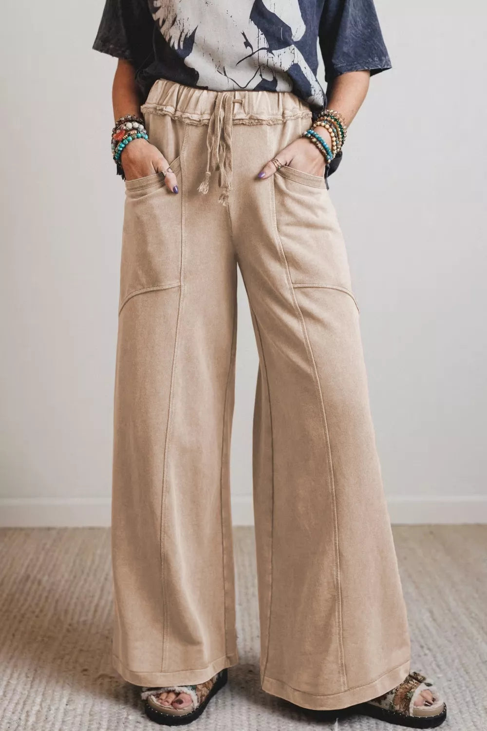 Mineral Wash Drawstring Retro High Waist Wide Leg Western Pants