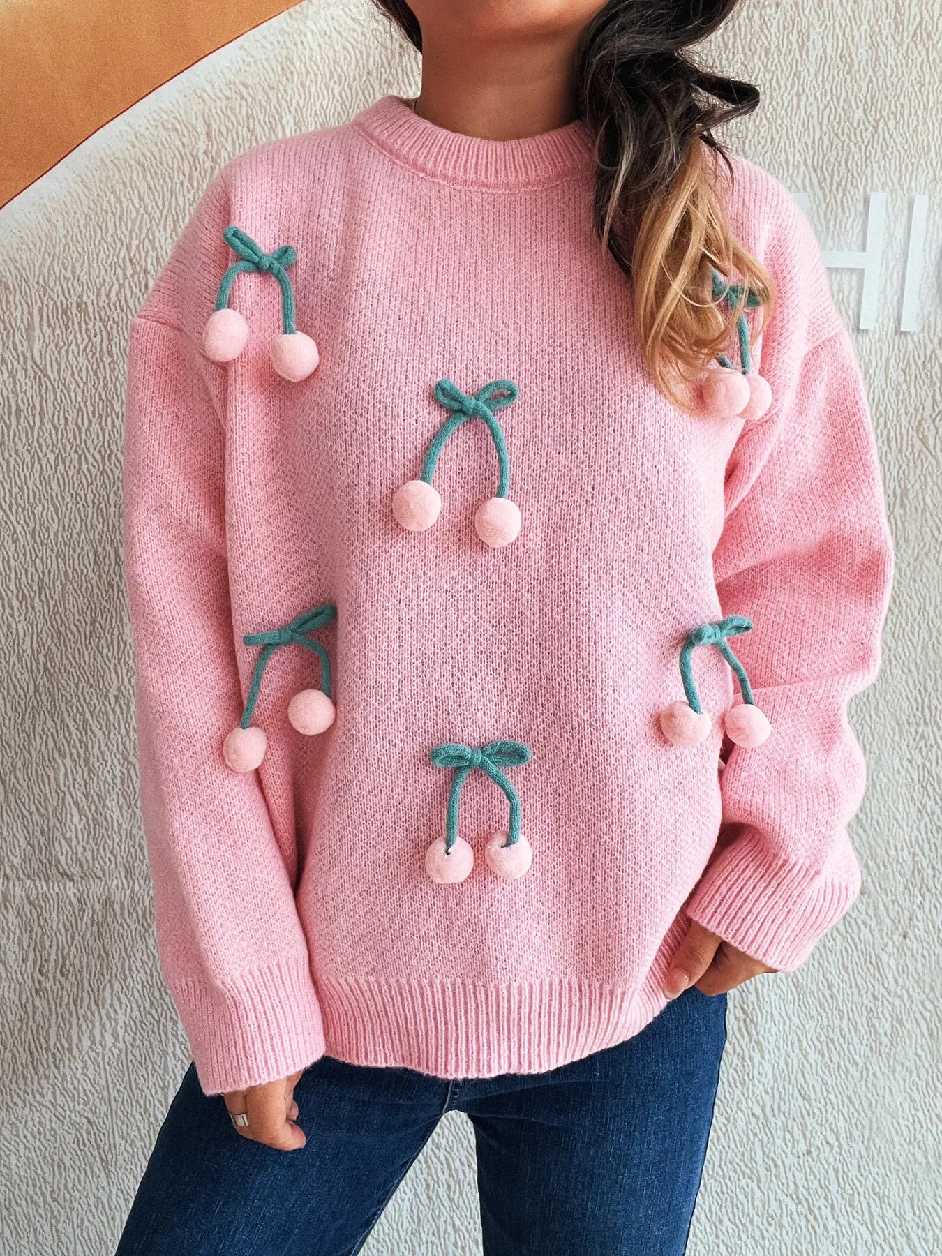 Cherry Round Neck Long Sleeve Sweater