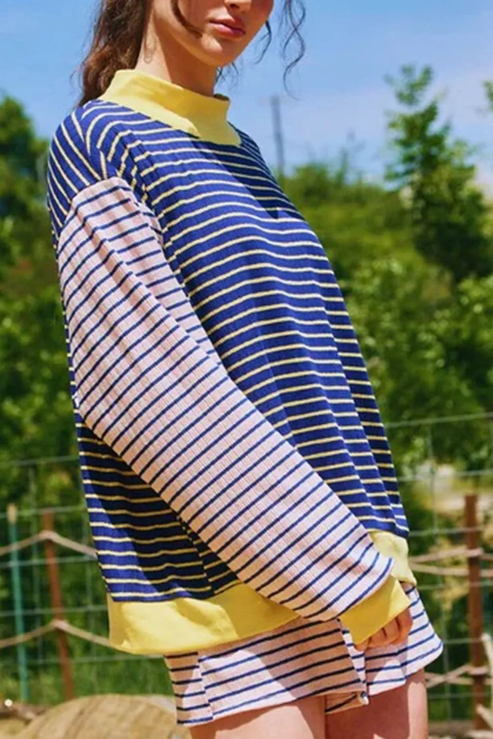 Stripe Color Block Long Sleeve Pullover Ribbed Knit Casual Shorts Set