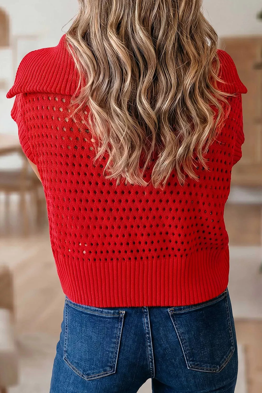 Openwork Quarter-Zip Knit Top