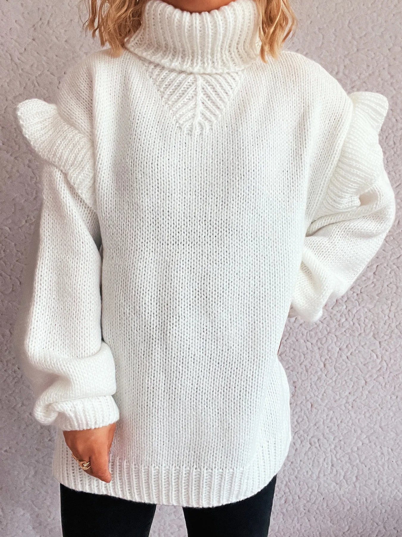 Ruffled Turtleneck Long Sleeve Sweater