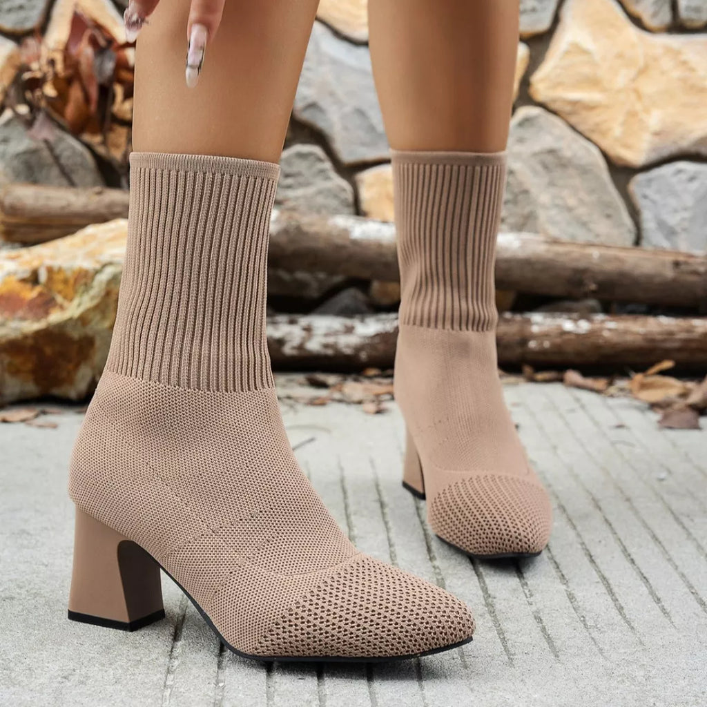 Point Toe Knit Sock Boots with Block Heels