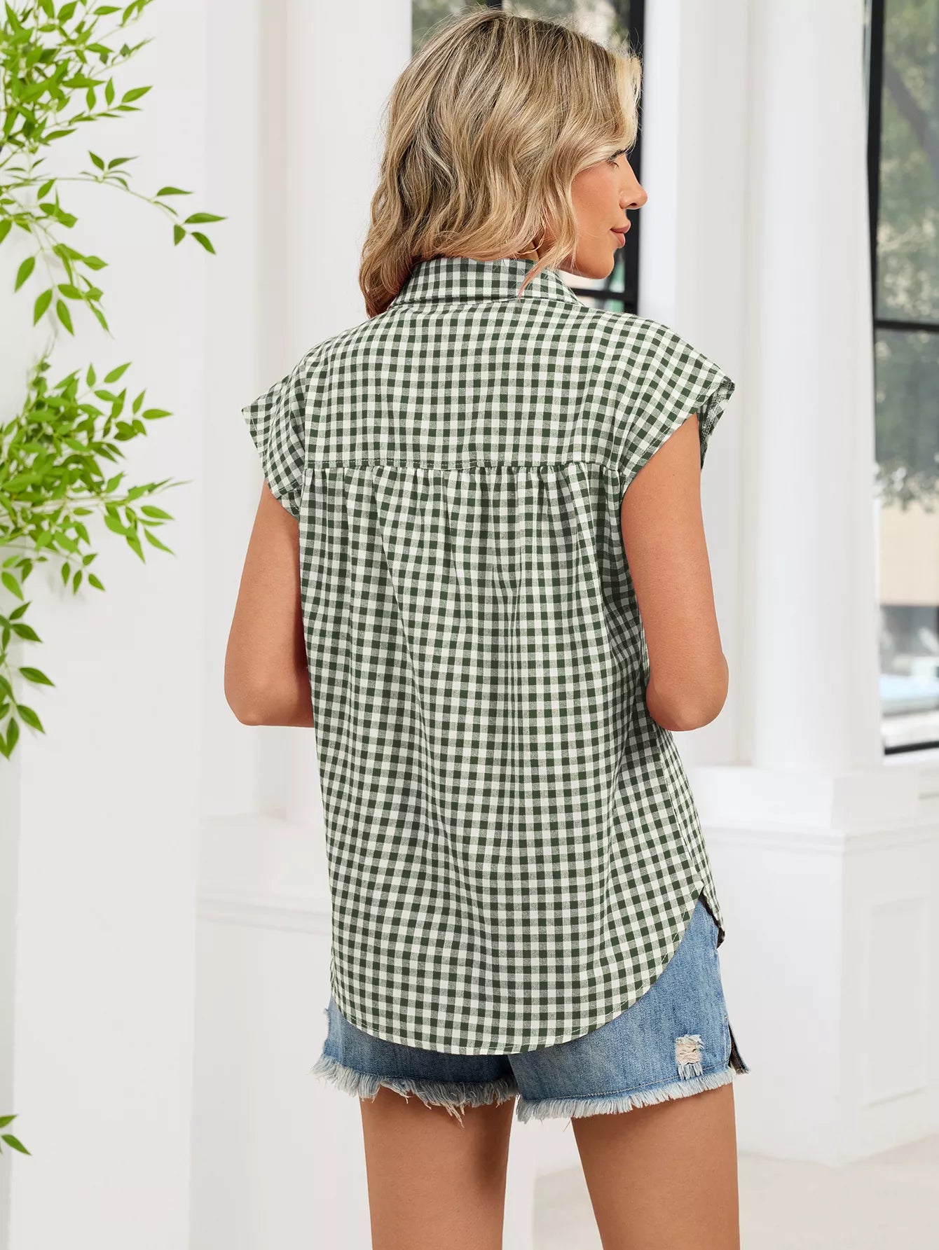 Plaid Button Up Cap Sleeve Shirt