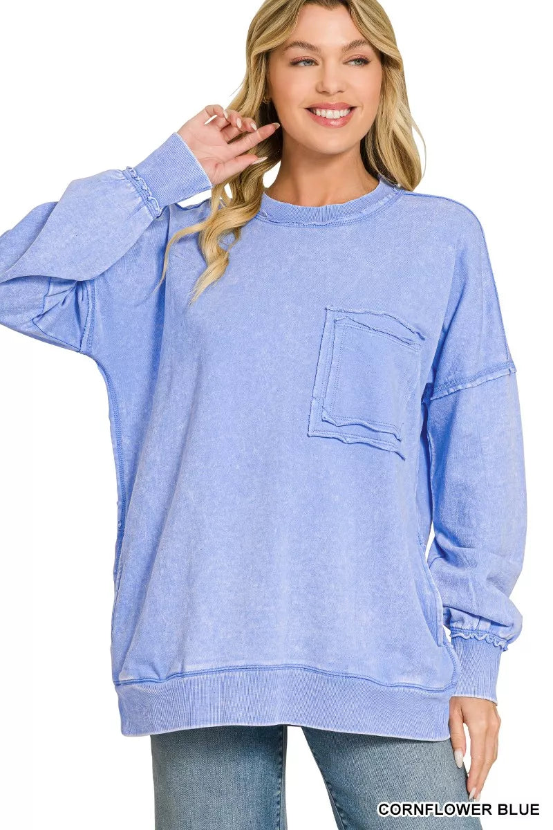 Zenana Acid Wash Raw Edge French Terry Sweatshirt with Front Pocket