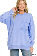 Zenana Acid Wash Raw Edge French Terry Sweatshirt with Front Pocket