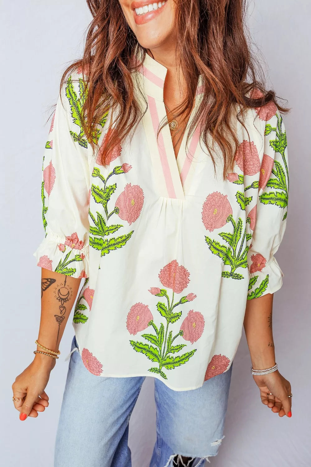 Floral Print Notched Ruffled Sleeve Blouse