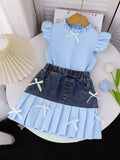 Children's Ruffled Top & Denim Patchwork Pleated Skirt Set