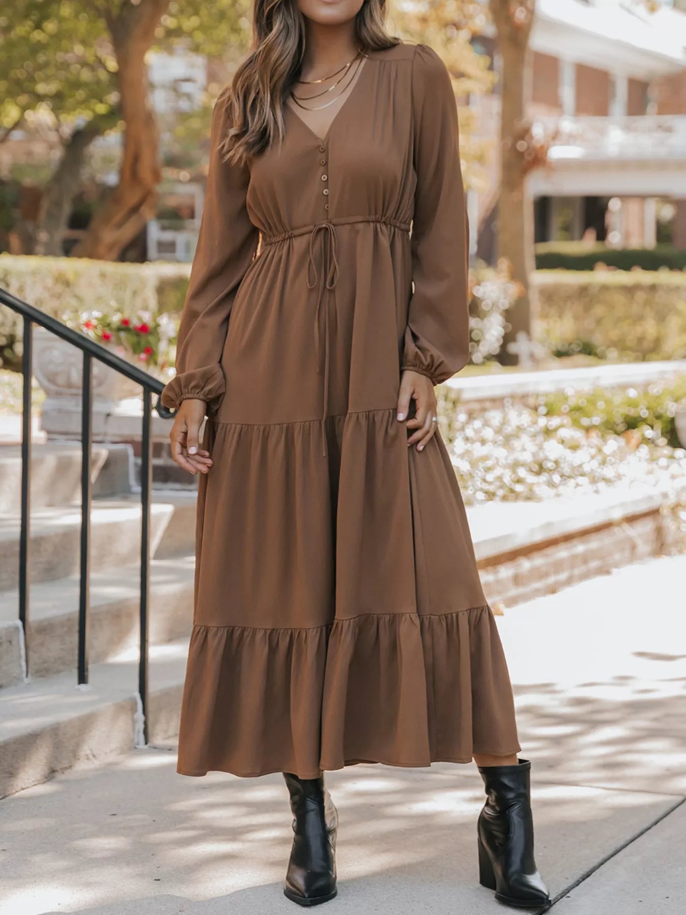 V-Neck Balloon Sleeve Tiered Dress