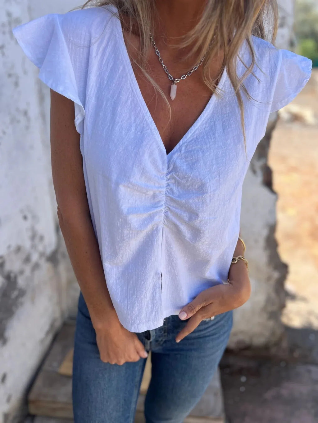 Full Size Ruched V-Neck Cap Sleeve Blouse Plus Size