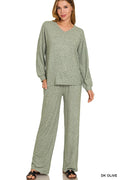 Zenana Soft Melange Long Sleeve Tee & Pants Set