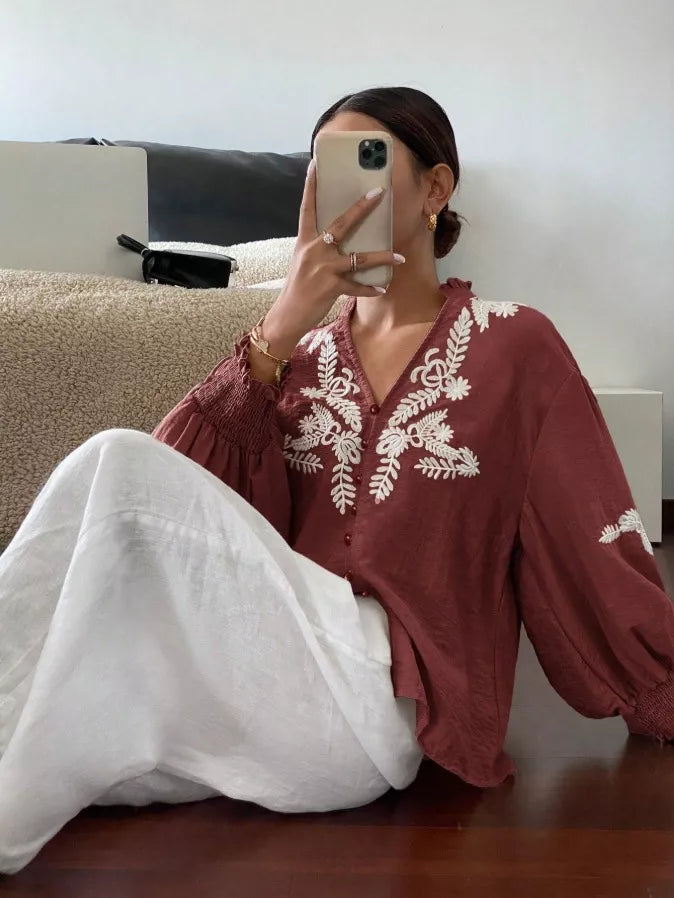 Embroidered Notched Long Sleeve Blouse