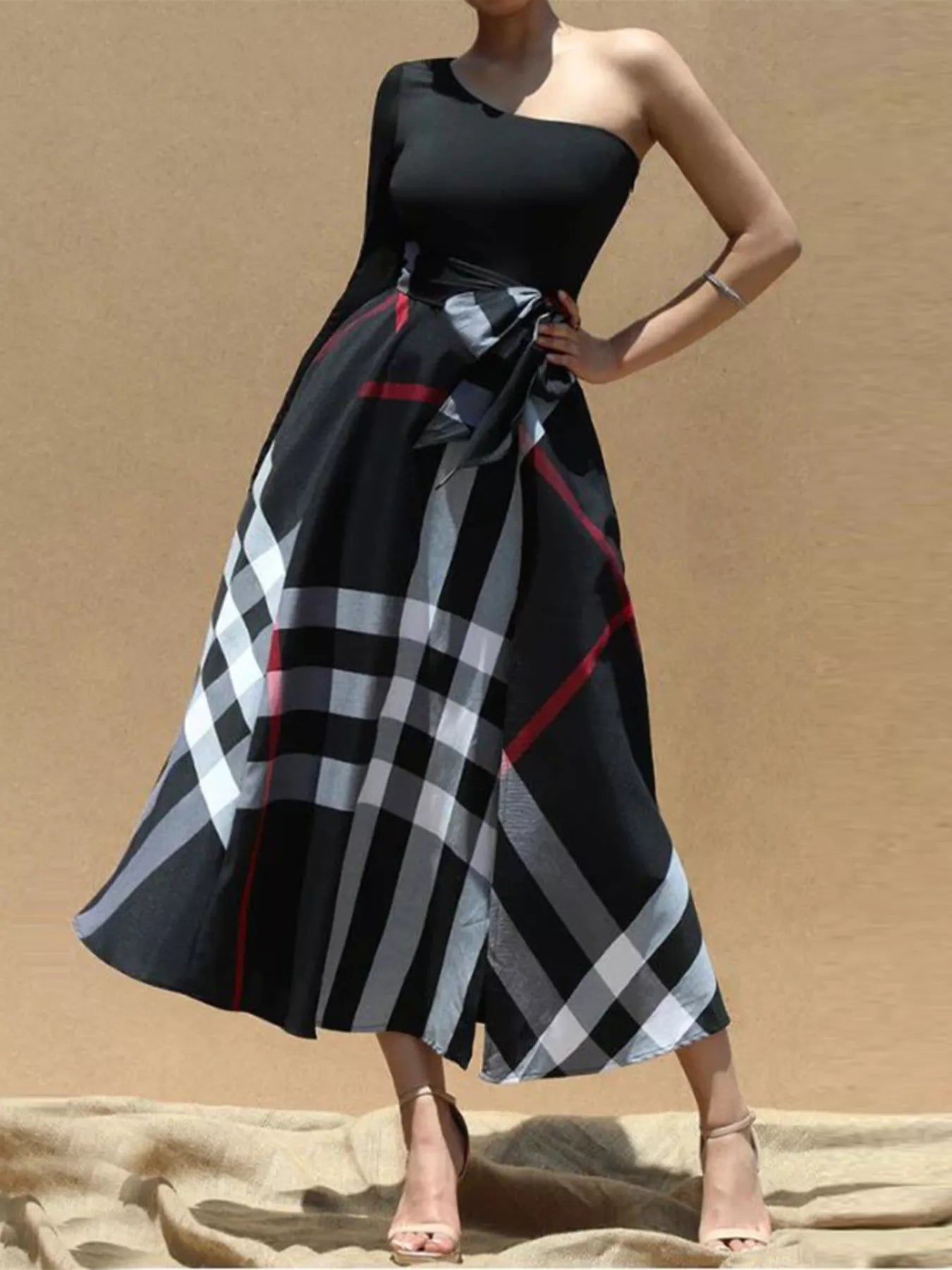 Asymmetrical One-Sleeve Plaid Midi Dress with Waist Tie