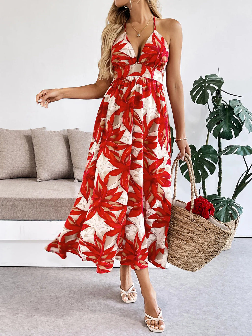 Crisscross Back Printed Midi Dress with Cutout Detail