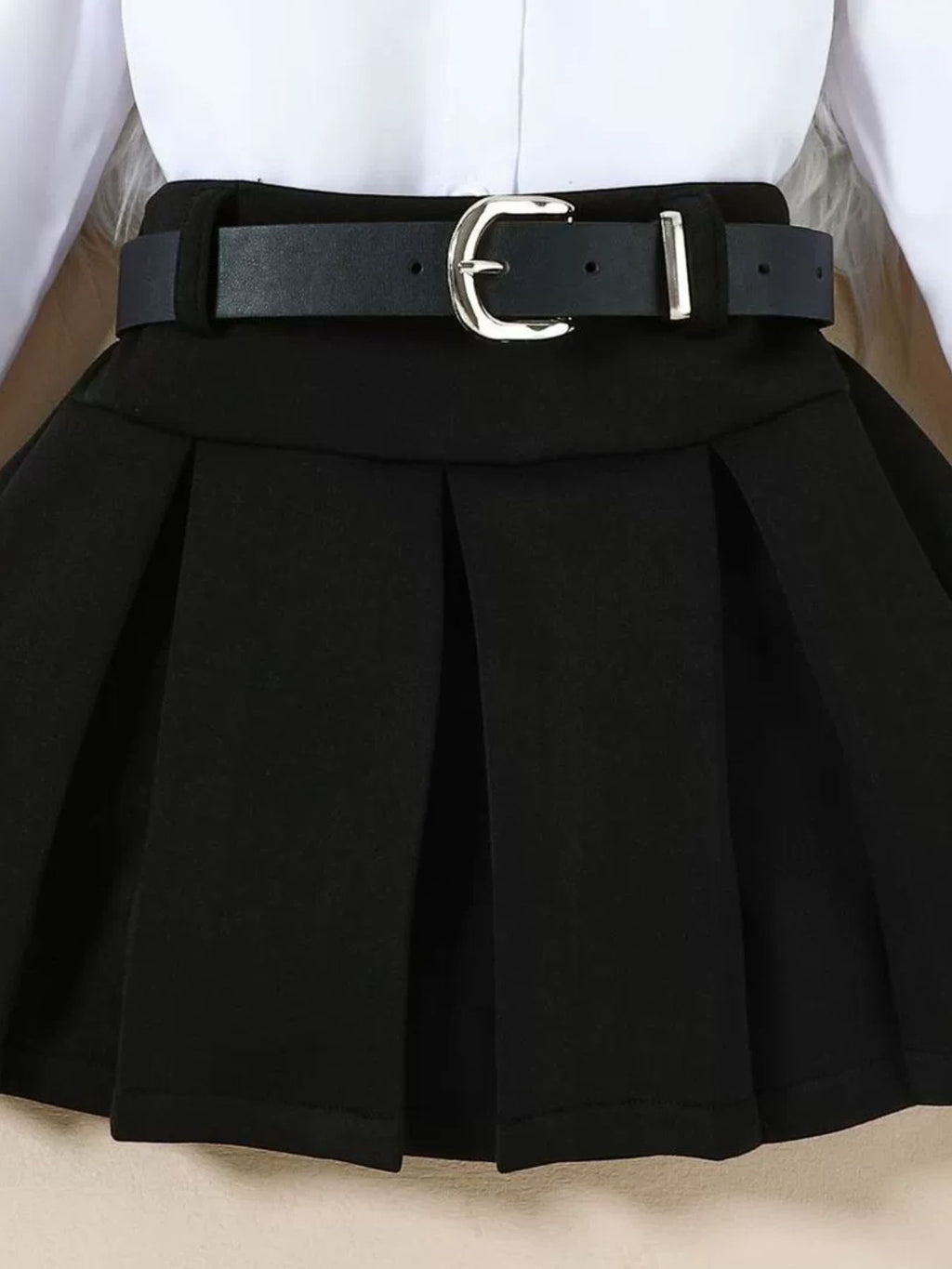 Children's Long Sleeve Shirt & Pleated Skirt Set with Belt