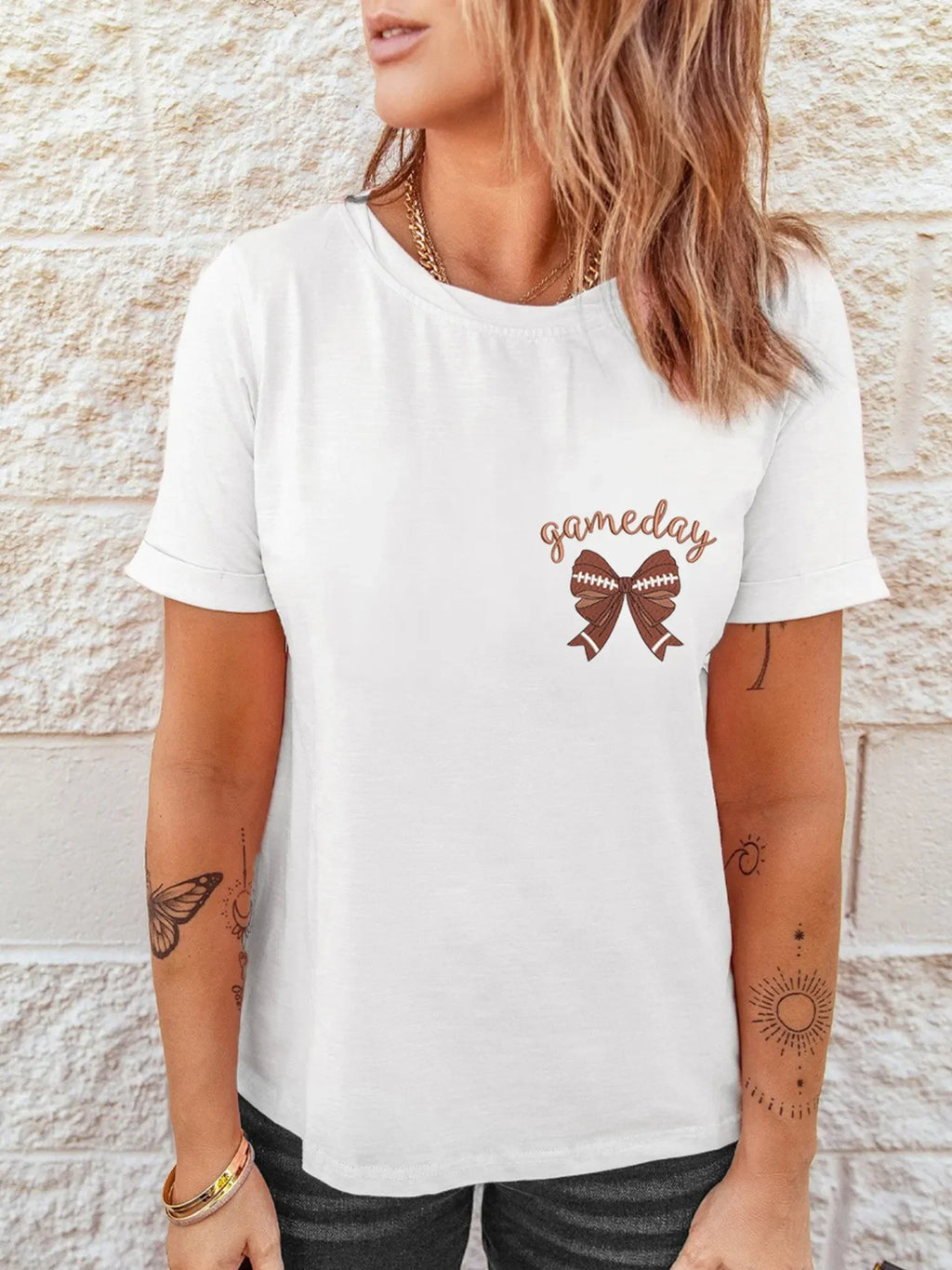 Game Day Bowknot Embroidered Casual Tee