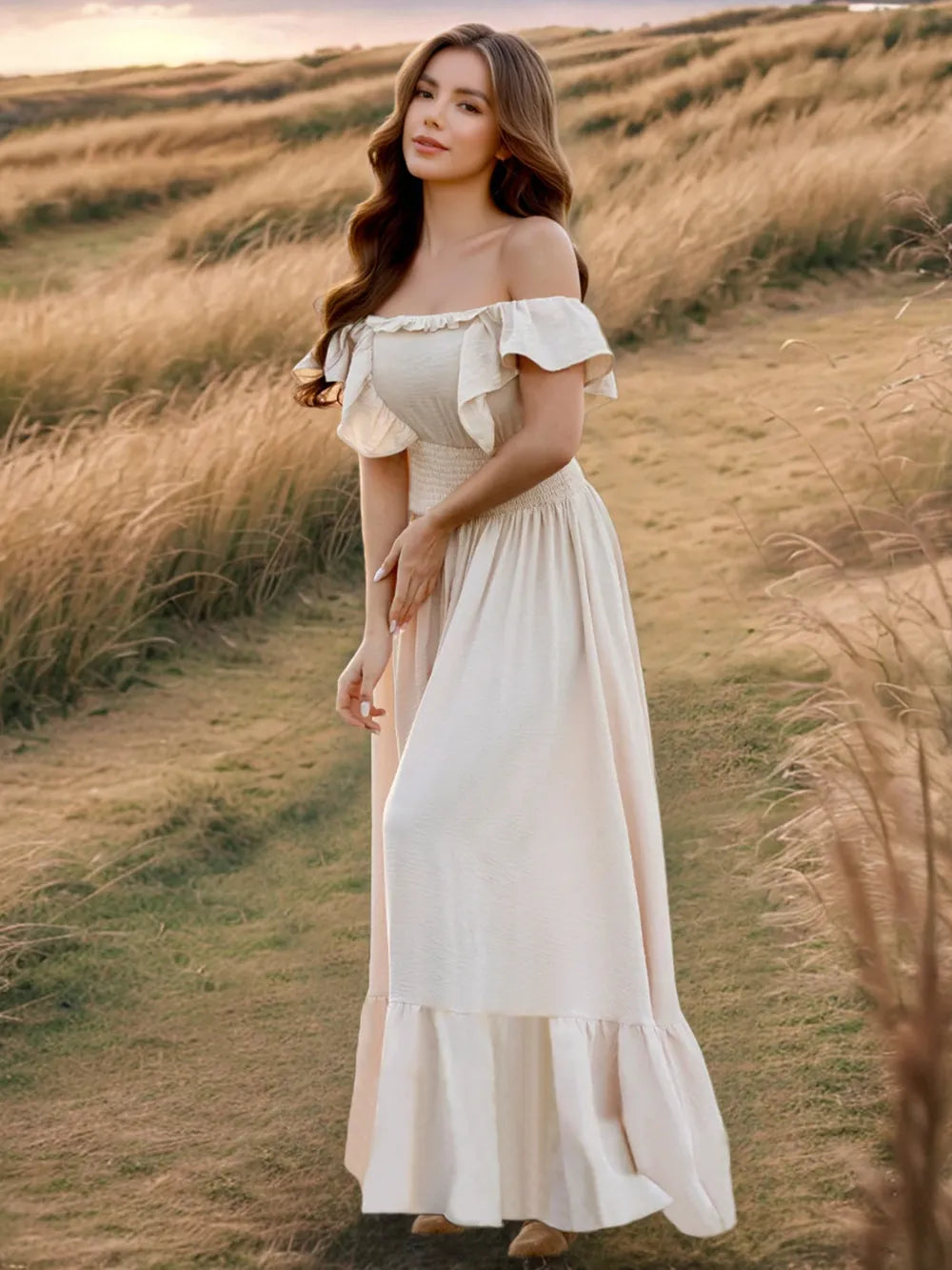 Ruffled Smocked Square Neck Maxi Dress