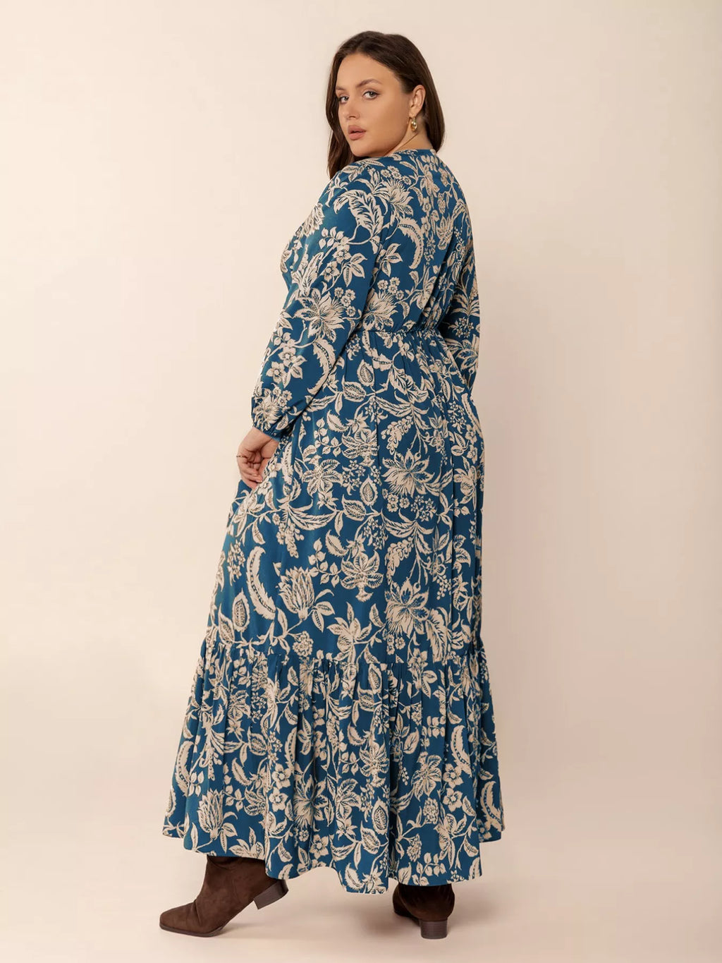 Plus Size Boho Floral Print Long Sleeve Maxi Dress